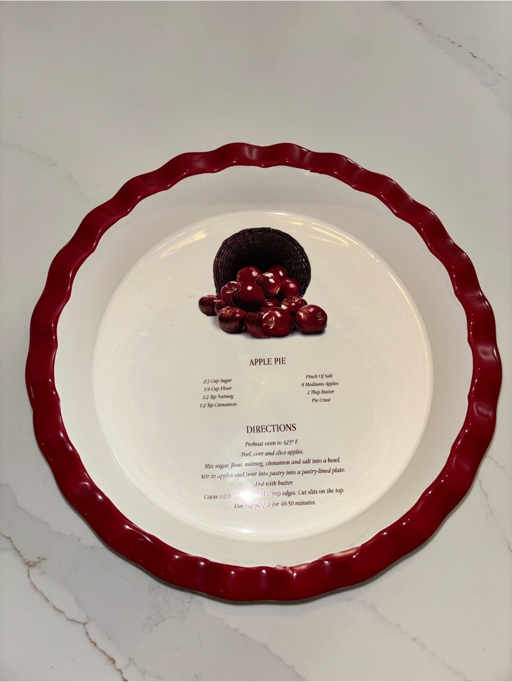 VTG Style Ceramic Apple Pie Dish Recipe Red Ruffled Fluted Edge Baker Display